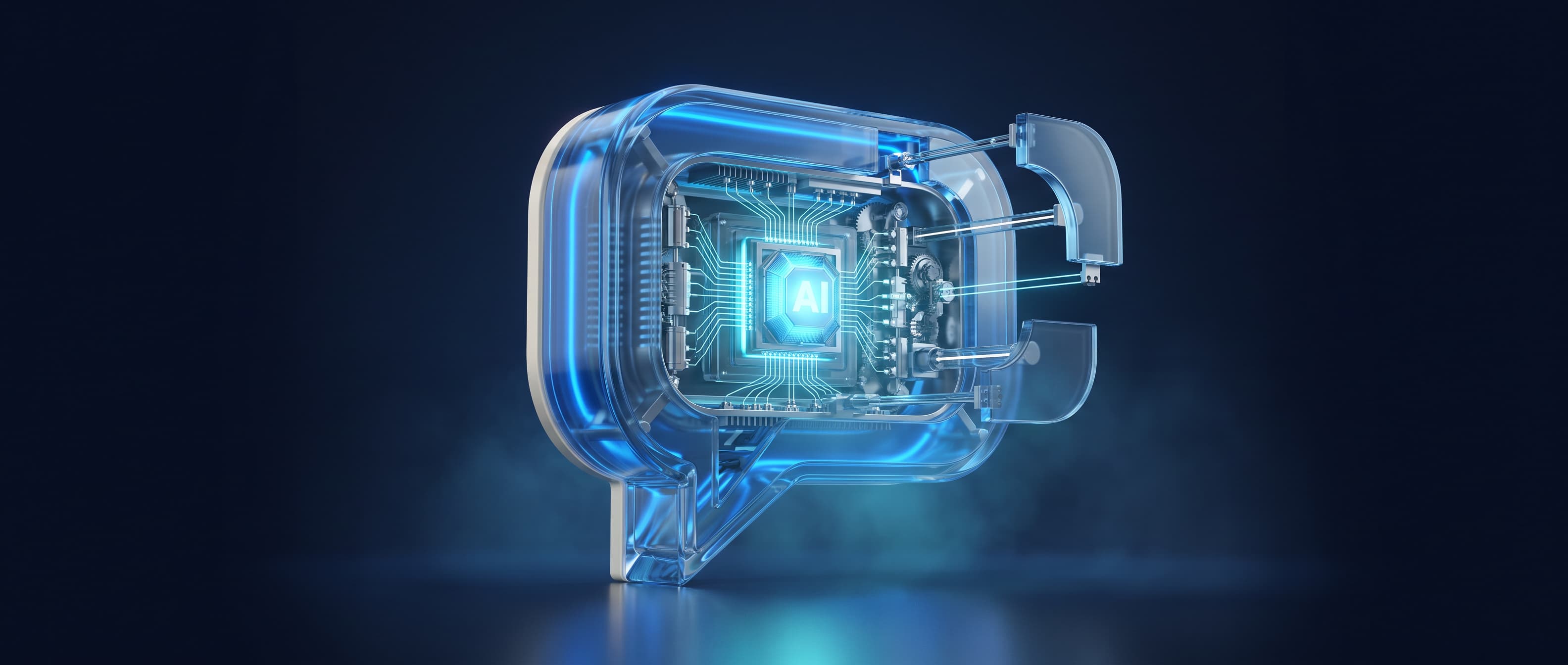 Translucent glass chat bubble opening to reveal a glowing AI microchip on a circuit board, lit electric blue against a deep navy background