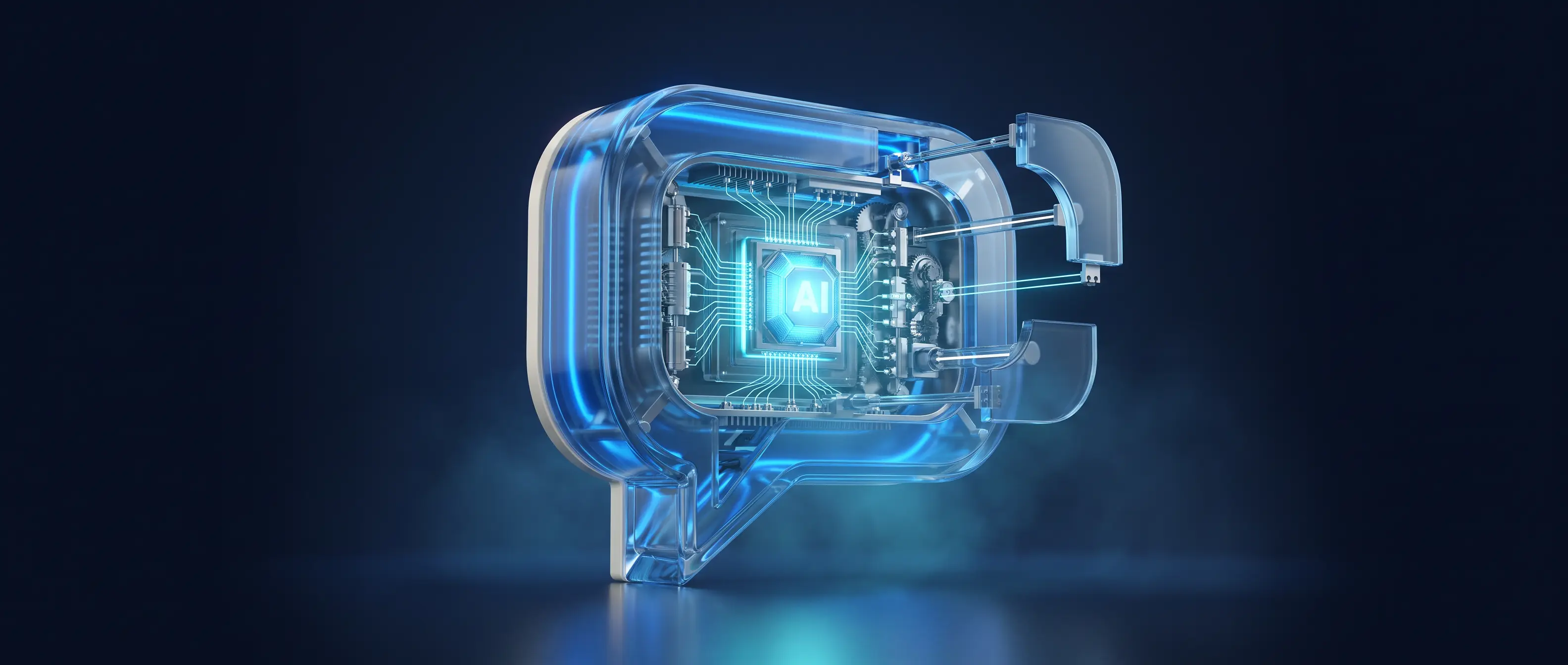 Translucent glass chat bubble opening to reveal a glowing AI microchip on a circuit board, lit electric blue against a deep navy background