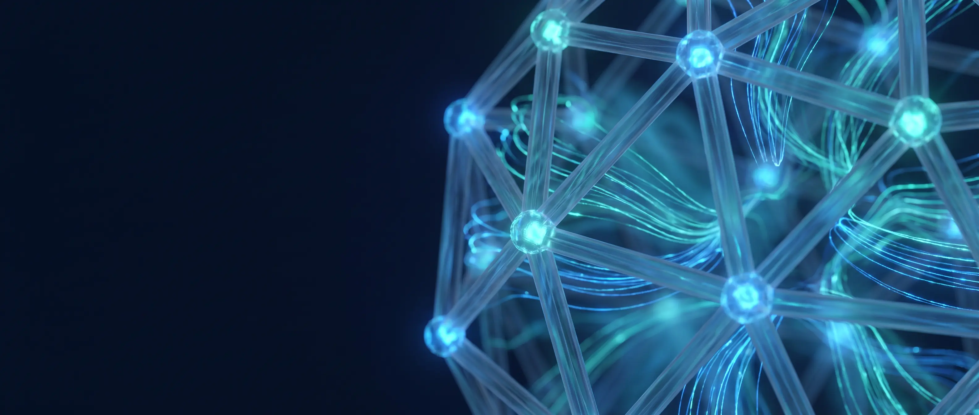 Abstract geometric lattice containing flowing data streams, representing AI governance consulting frameworks around production AI systems, glowing blue nodes on deep navy