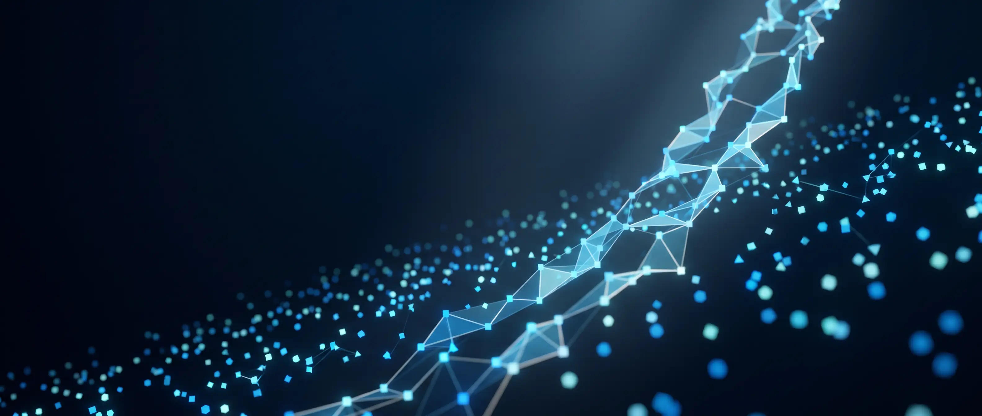Abstract map of glowing decision nodes converging into a single bright path, representing AI strategy consulting