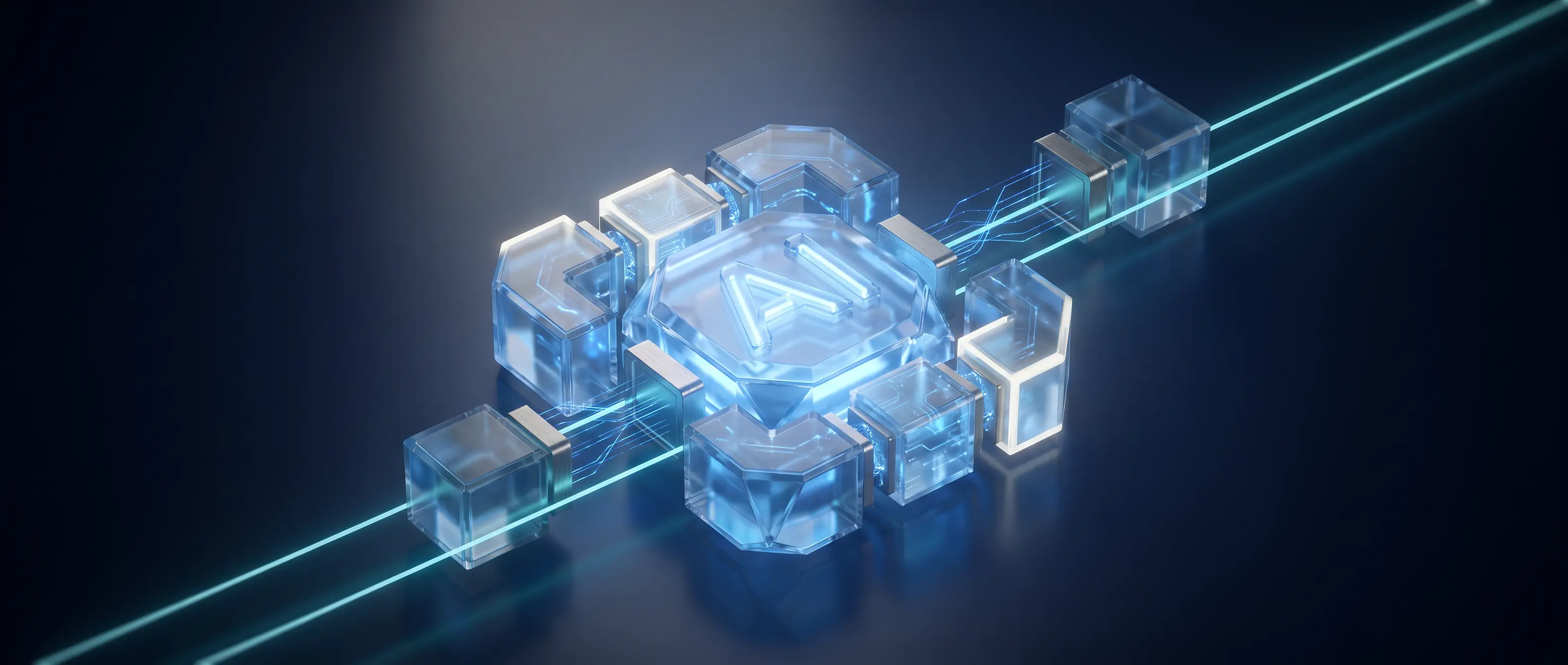 Glass cubes arranged around a central octagonal chip marked AI, linked by glowing teal light beams on a deep navy background