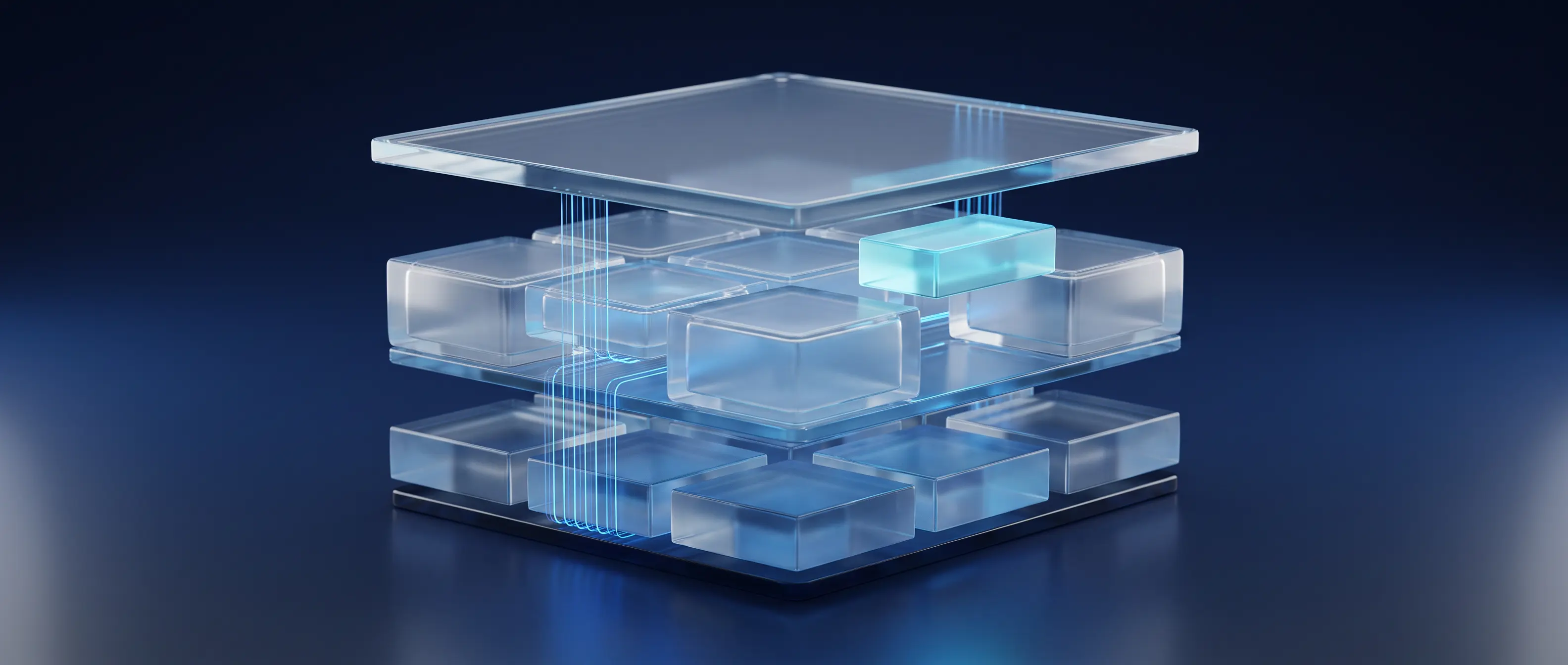 Translucent glass modules stacked in three layered trays, one glowing teal, threaded by fine blue light traces on a deep navy background