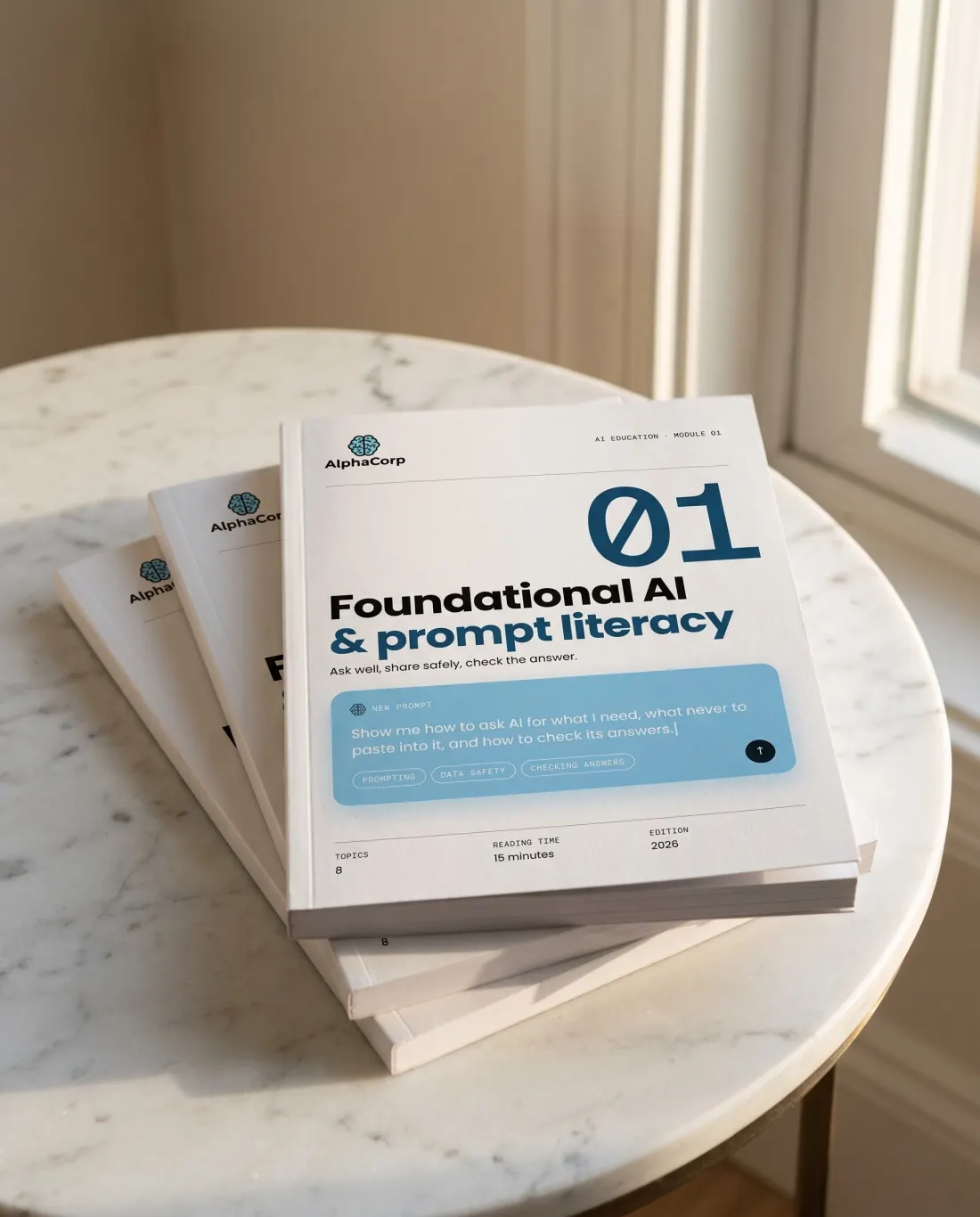 Three AlphaCorp AI ebooks fanned on a marble table