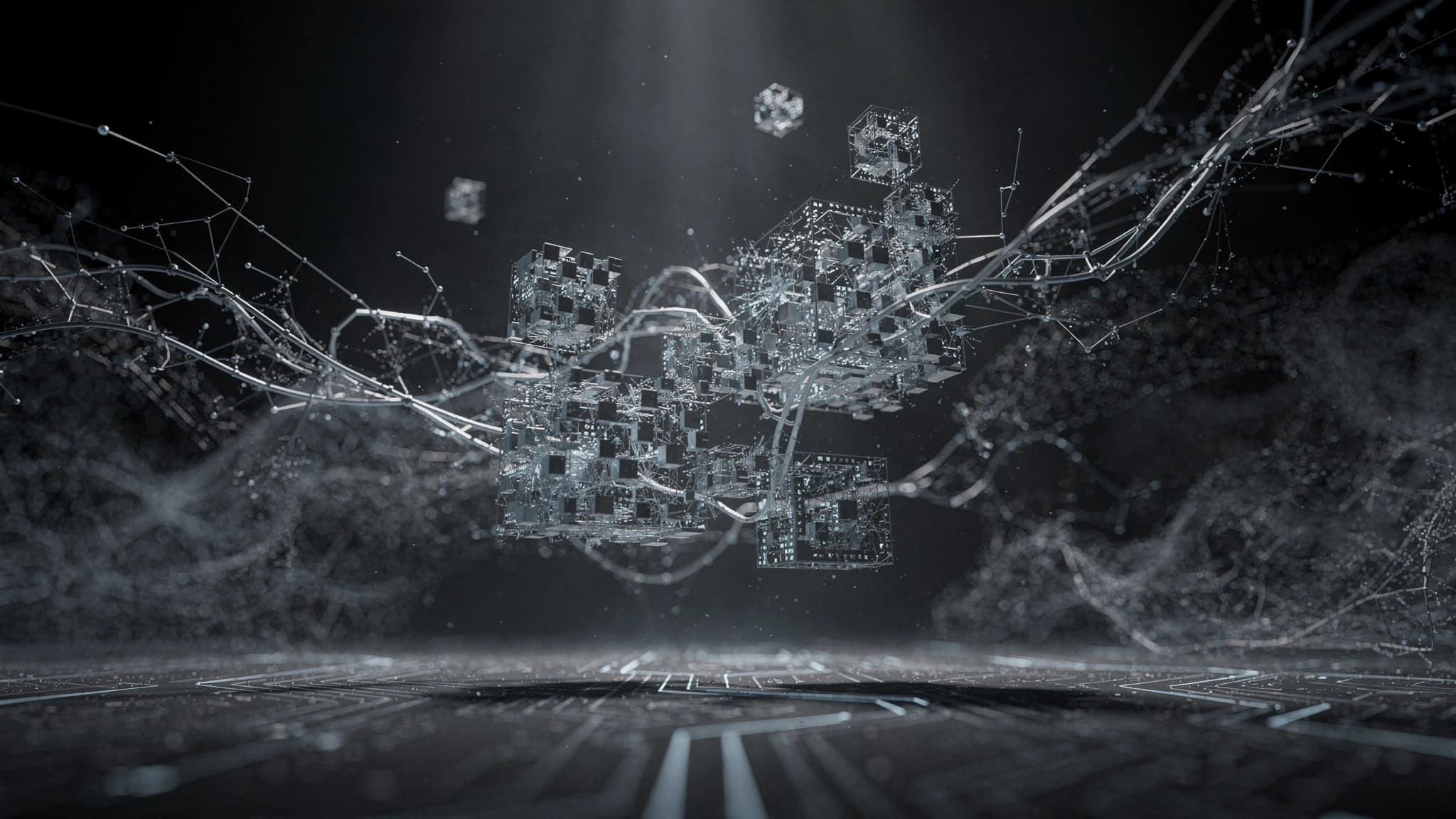 Wireframe cubes of circuitry linked by glowing strands above a dark circuit-board floor