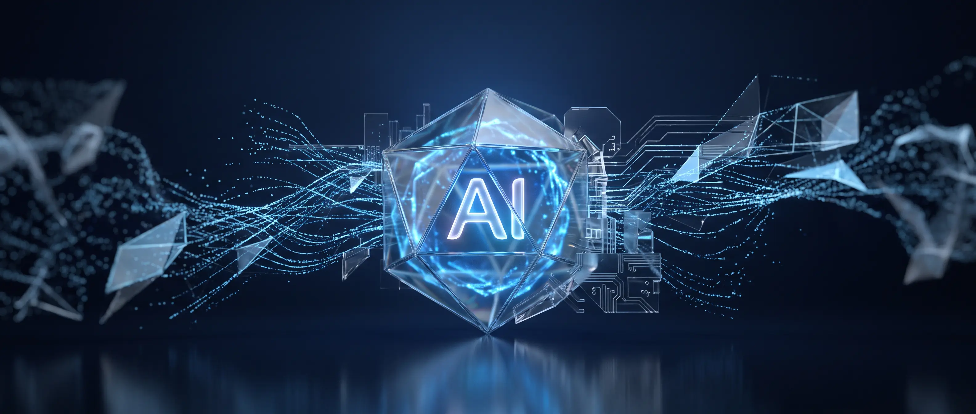 Glowing blue icosahedron marked AI, surrounded by streaming particle data and circuitry on a deep navy background