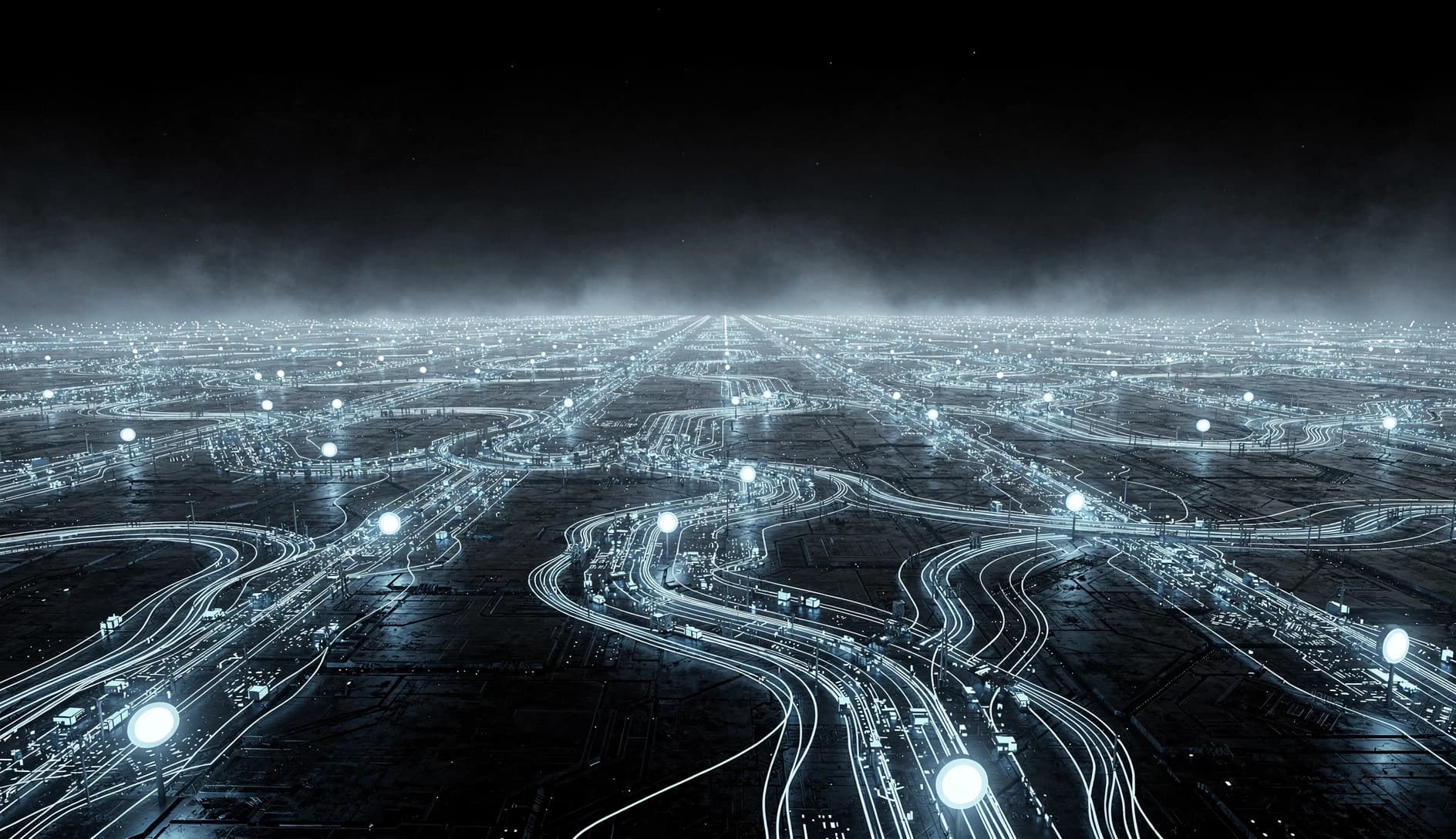 Glowing data pathways converging across a dark futuristic landscape