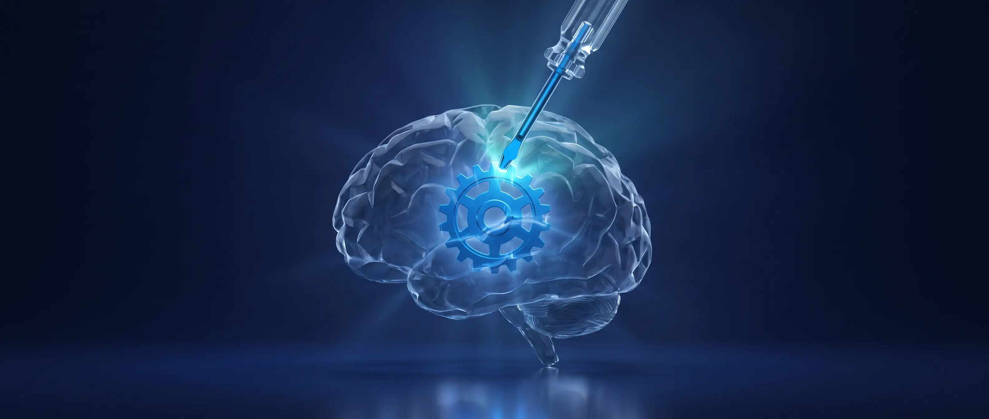 Transparent human brain with a glowing blue gear at its core, being adjusted by a screwdriver, on a deep navy background