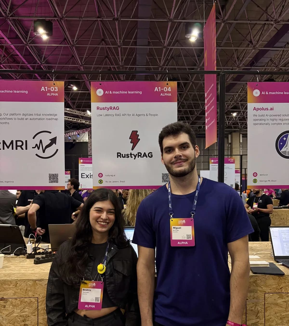 Miguel de Frias and Beatriz Sampaio showcasing RustyRAG at Web Summit Rio 2026