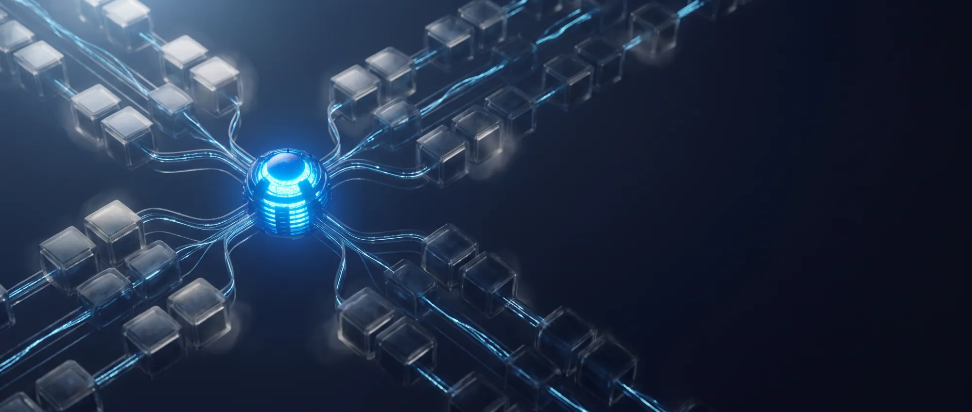 Abstract multi-tenant architecture graphic: one glowing core branching into rows of isolated blue cells on a deep navy background
