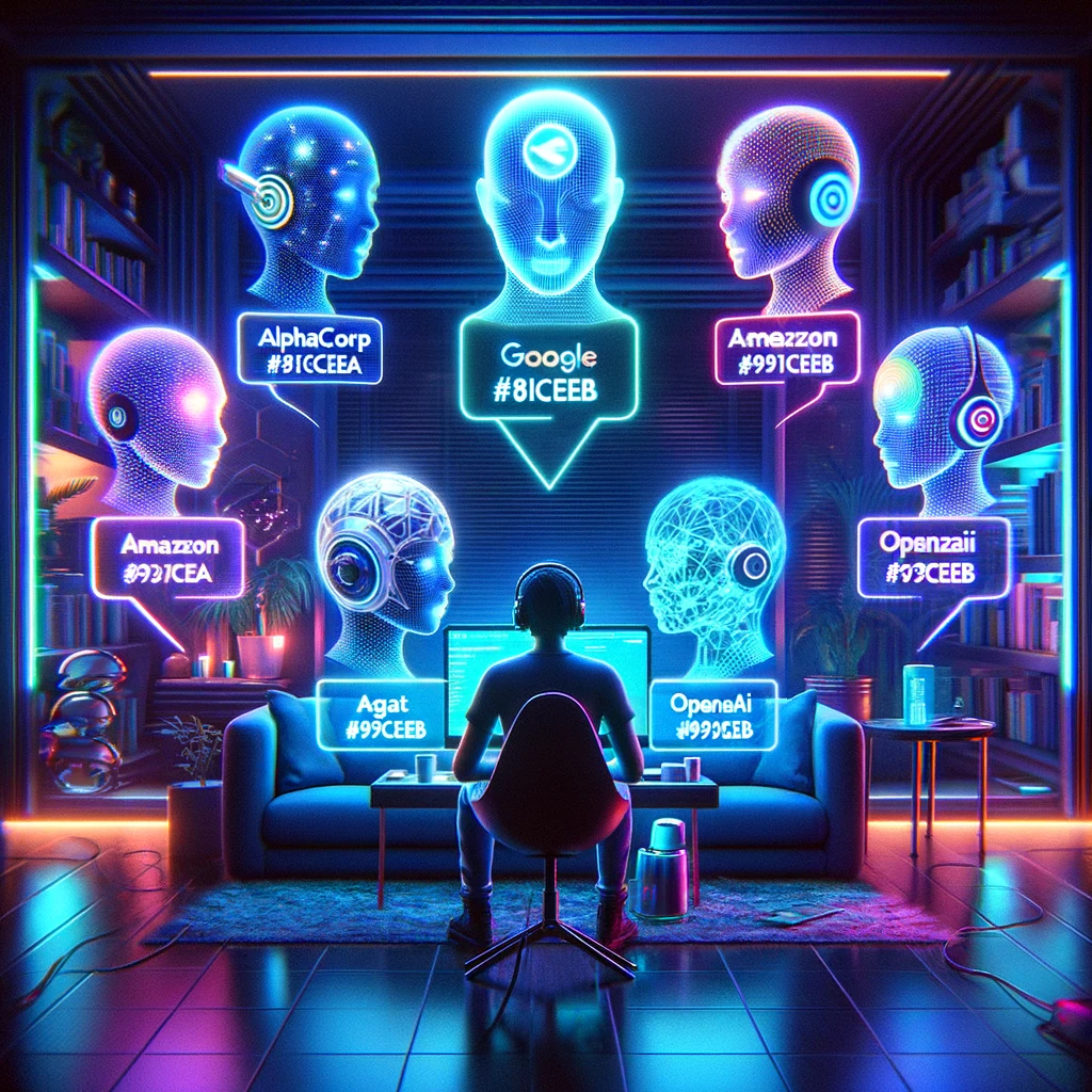 An image showing a person group chatting with different kind of artificial intelligence