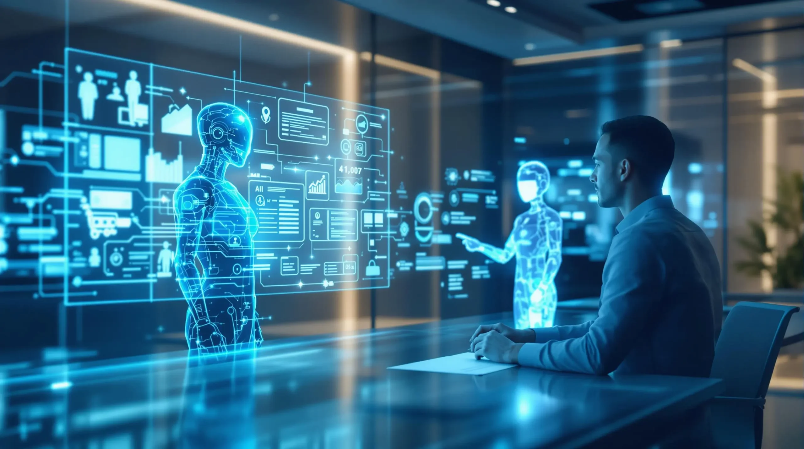 An office worker sitting on a table in front of a hologram of ai agents