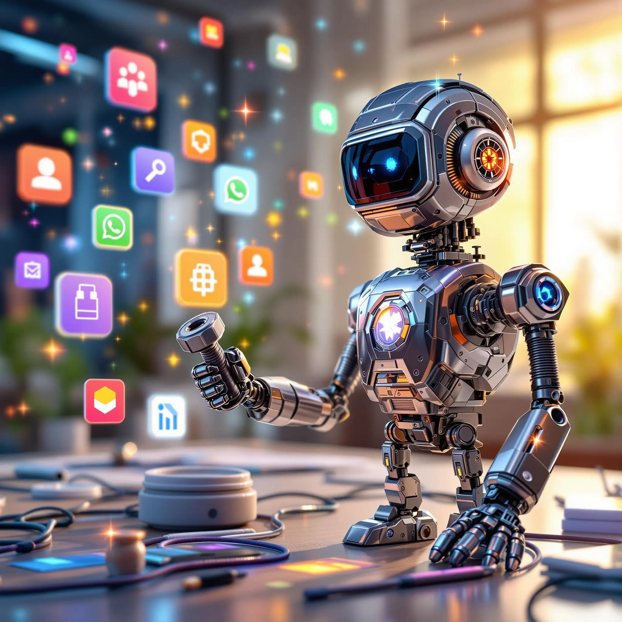 AI robot holding a screw next on icons of various brands