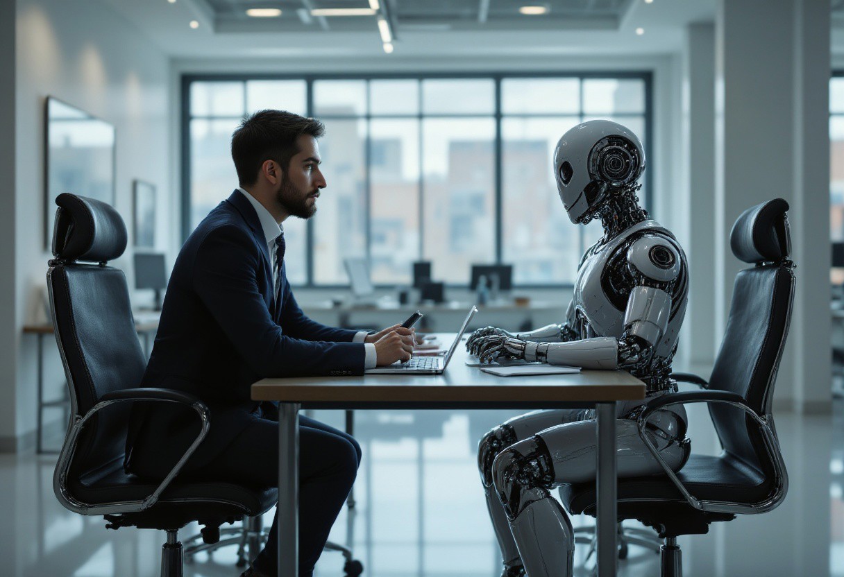an ai agent sitting in front of a person inside an offive