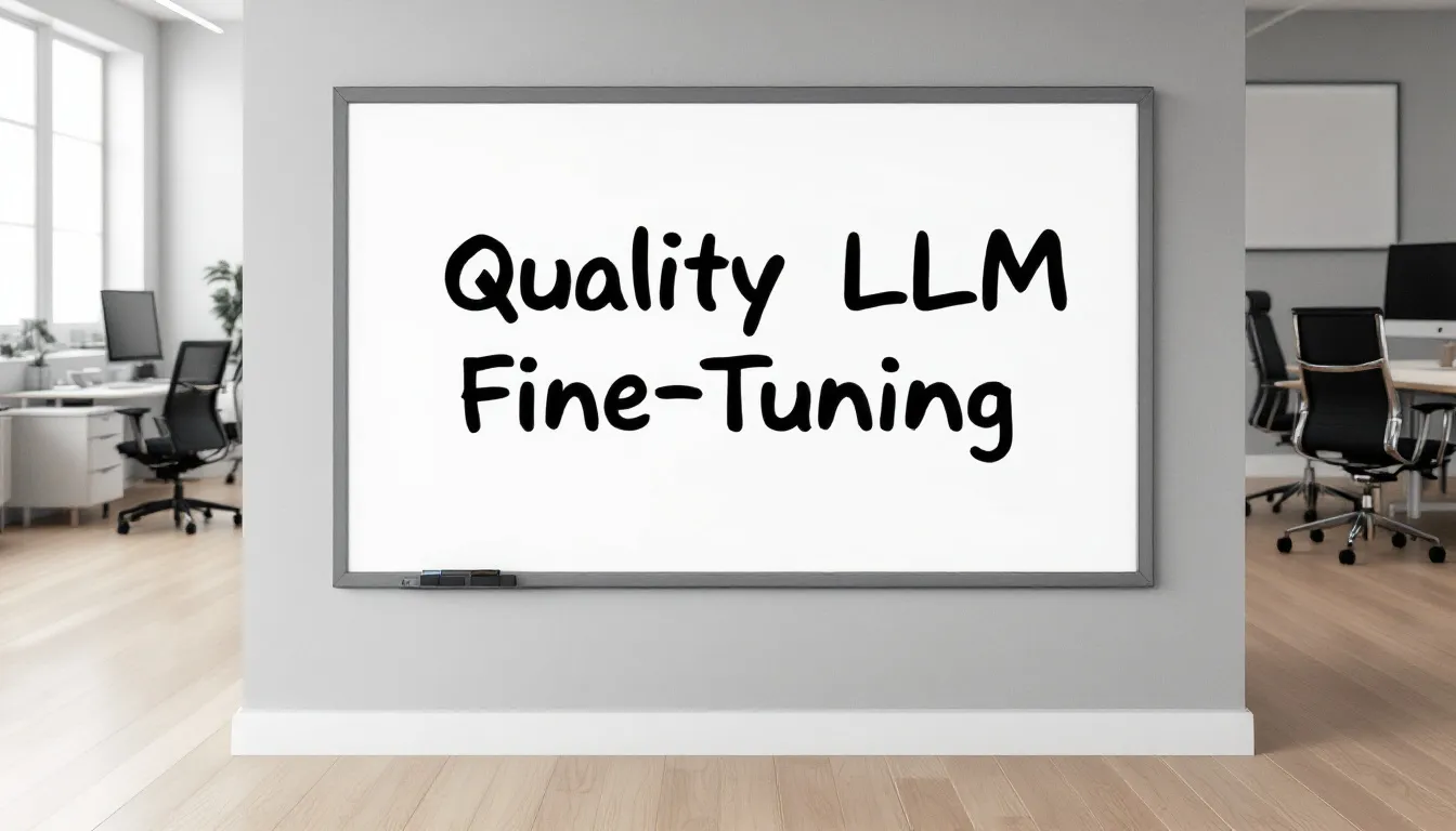 a sign in the middle of a office on a whiteboard "quality llm fine-tuning"