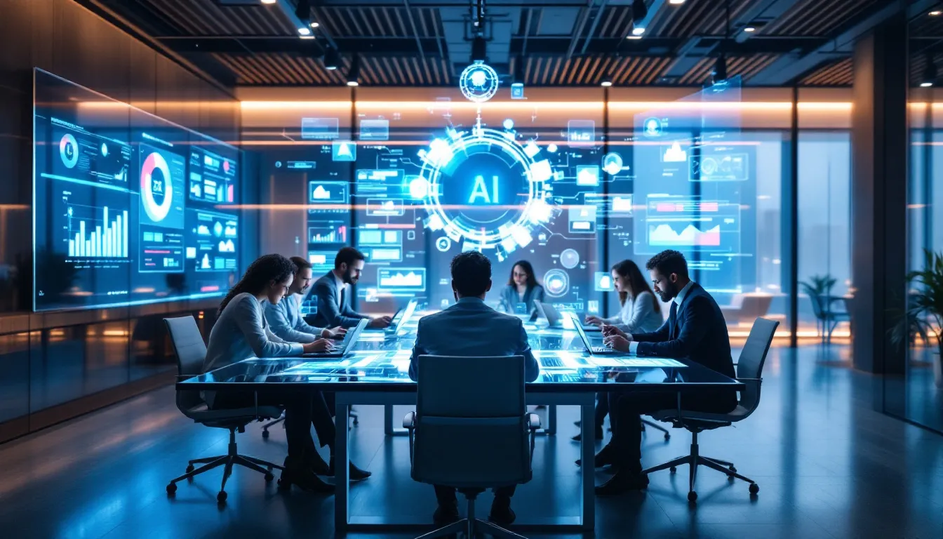 business team integrating AI into existing workflows in modern office, futuristic style, warm ambient lighting