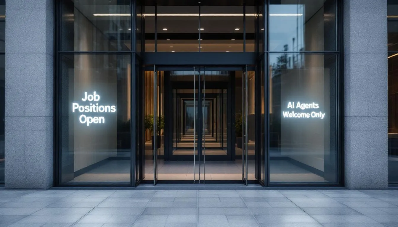 Modern building wall, two stainless signs aligned vertically. Text exactly: “Job Positions Open” and “AI Agents Welcome Only”. Minimalism, crisp letters.