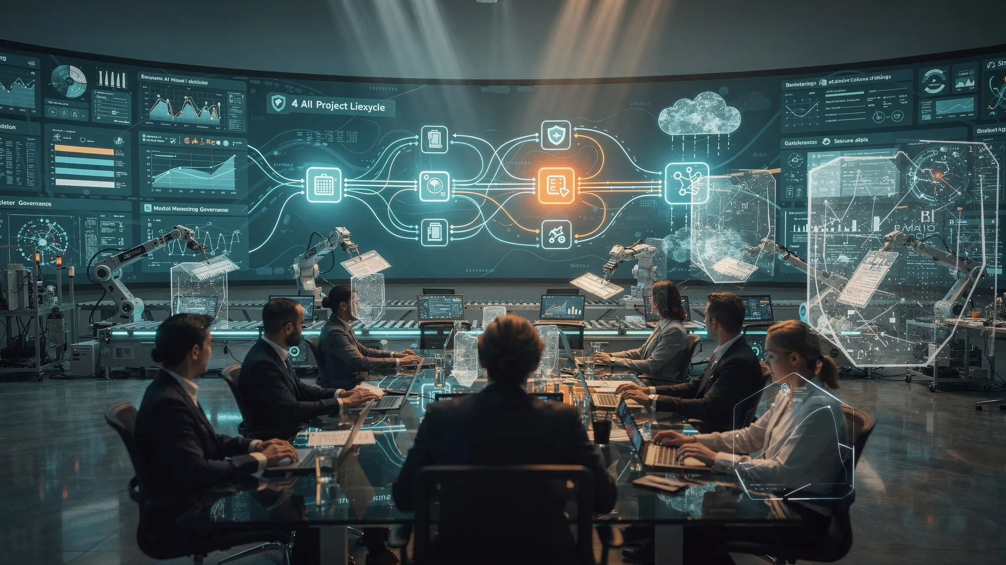 An illustration of an futuristic company meeting where the project lifecycle is being planned in holograms
